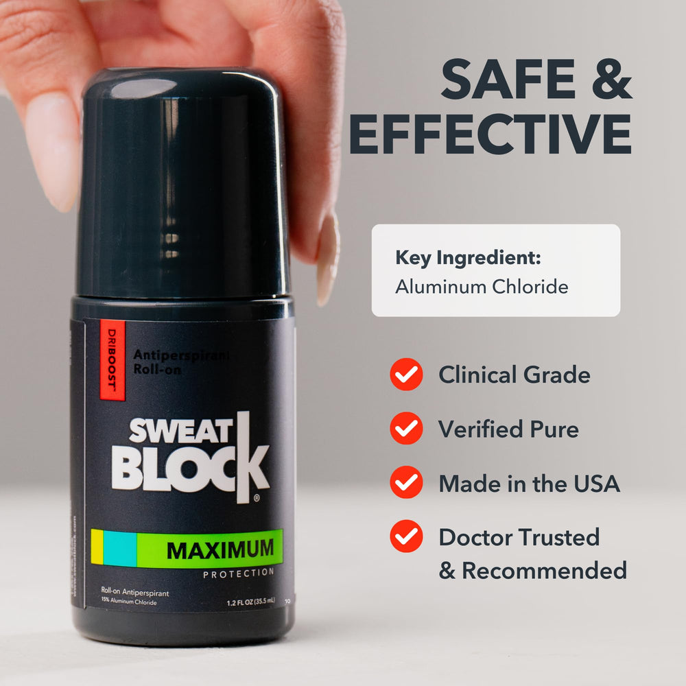 Hand holding SweatBlock roll-on to show compact 1.2oz travel-friendly size