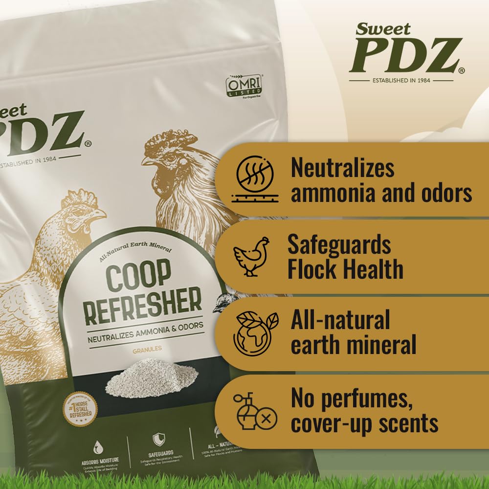 Sweet PDZ applied in a chicken coop under roosts to reduce odors and moisture