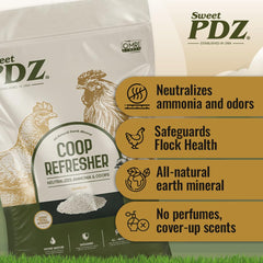 Sweet PDZ applied in a chicken coop under roosts to reduce odors and moisture