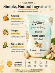 Sweet Therapy fresh ginger root beside chews highlighting real ginger ingredient benefit