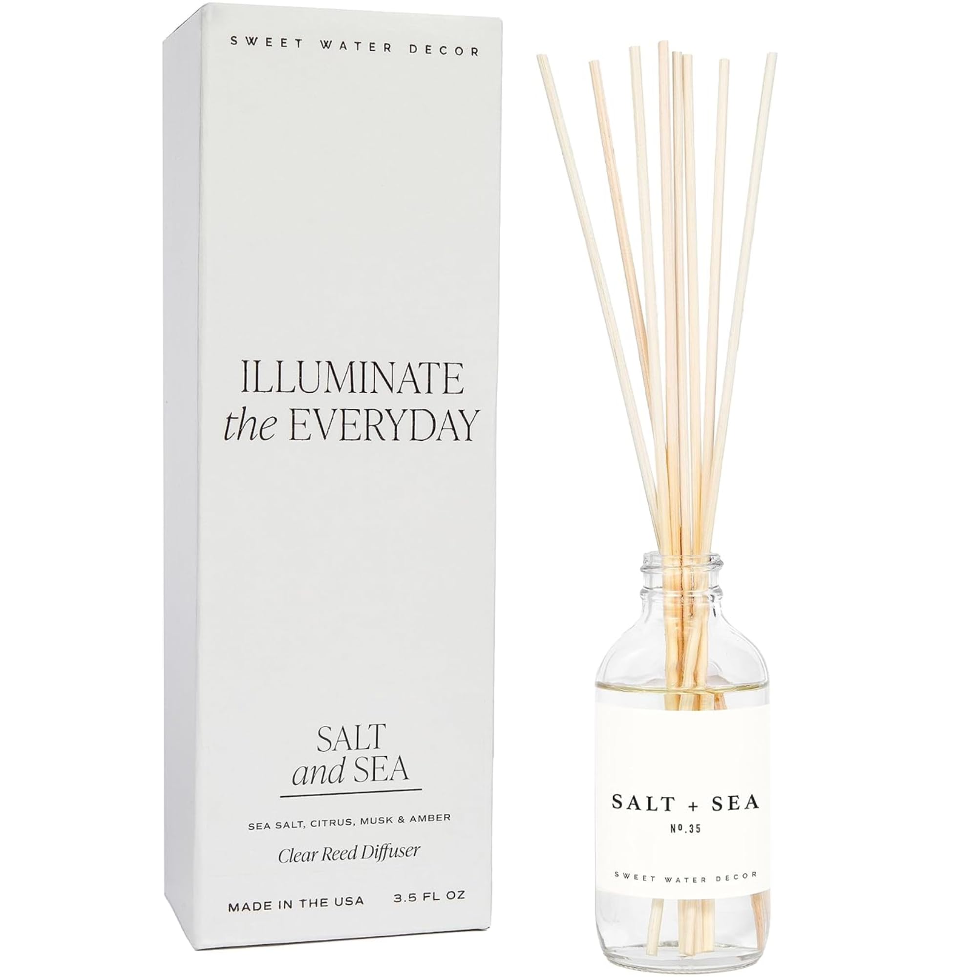 Sweet Water Decor front packaging showing Sea Salt Citrus and Musk Amber benefits