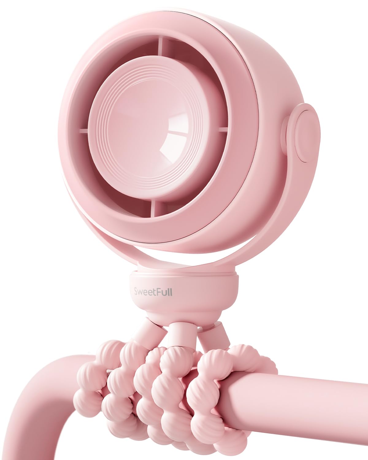 SWEETFULL front view pink portable fan showing compact safe housing and airflow benefit
