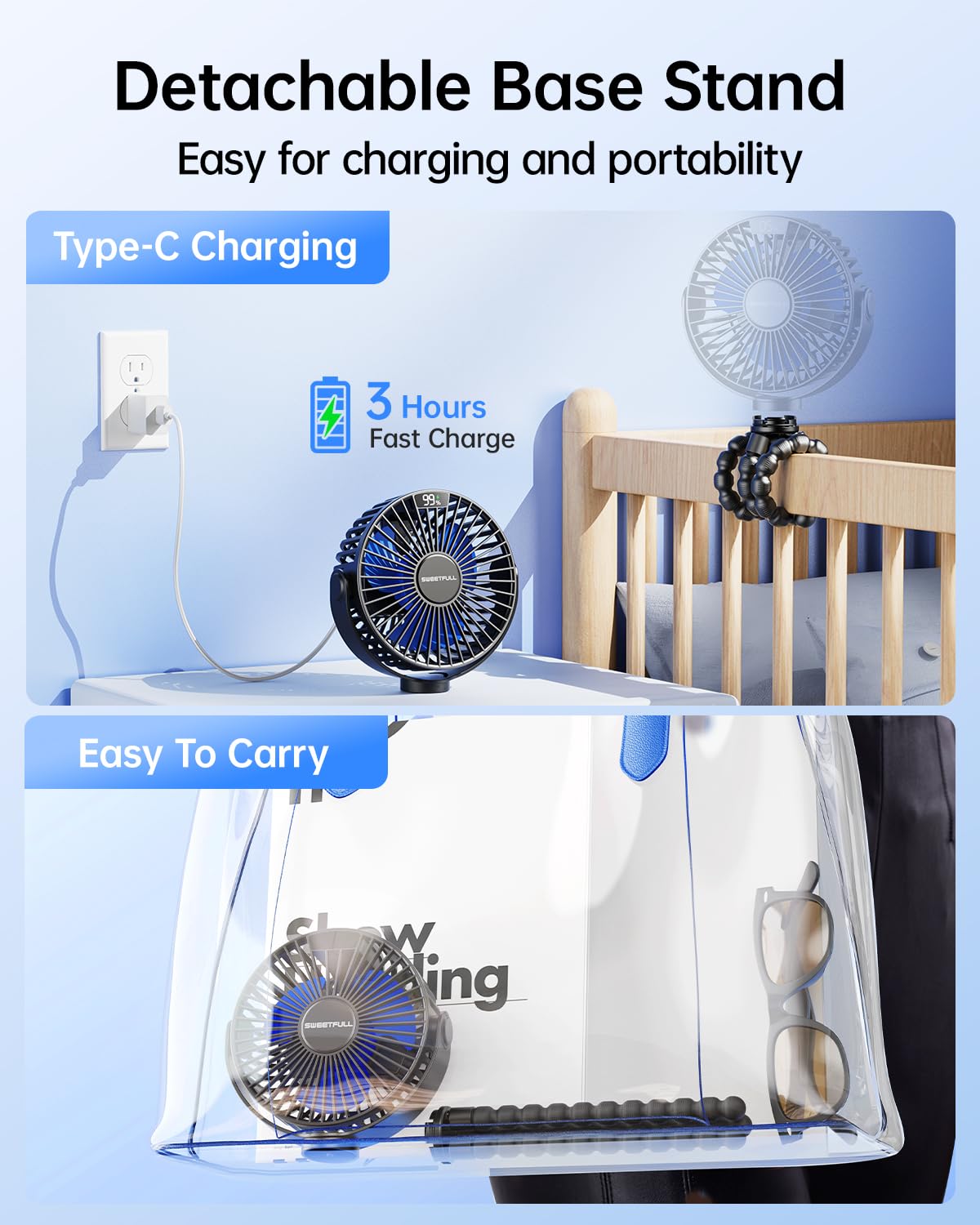 SWEETFULL in stroller lifestyle scene providing quiet, targeted cooling outdoors