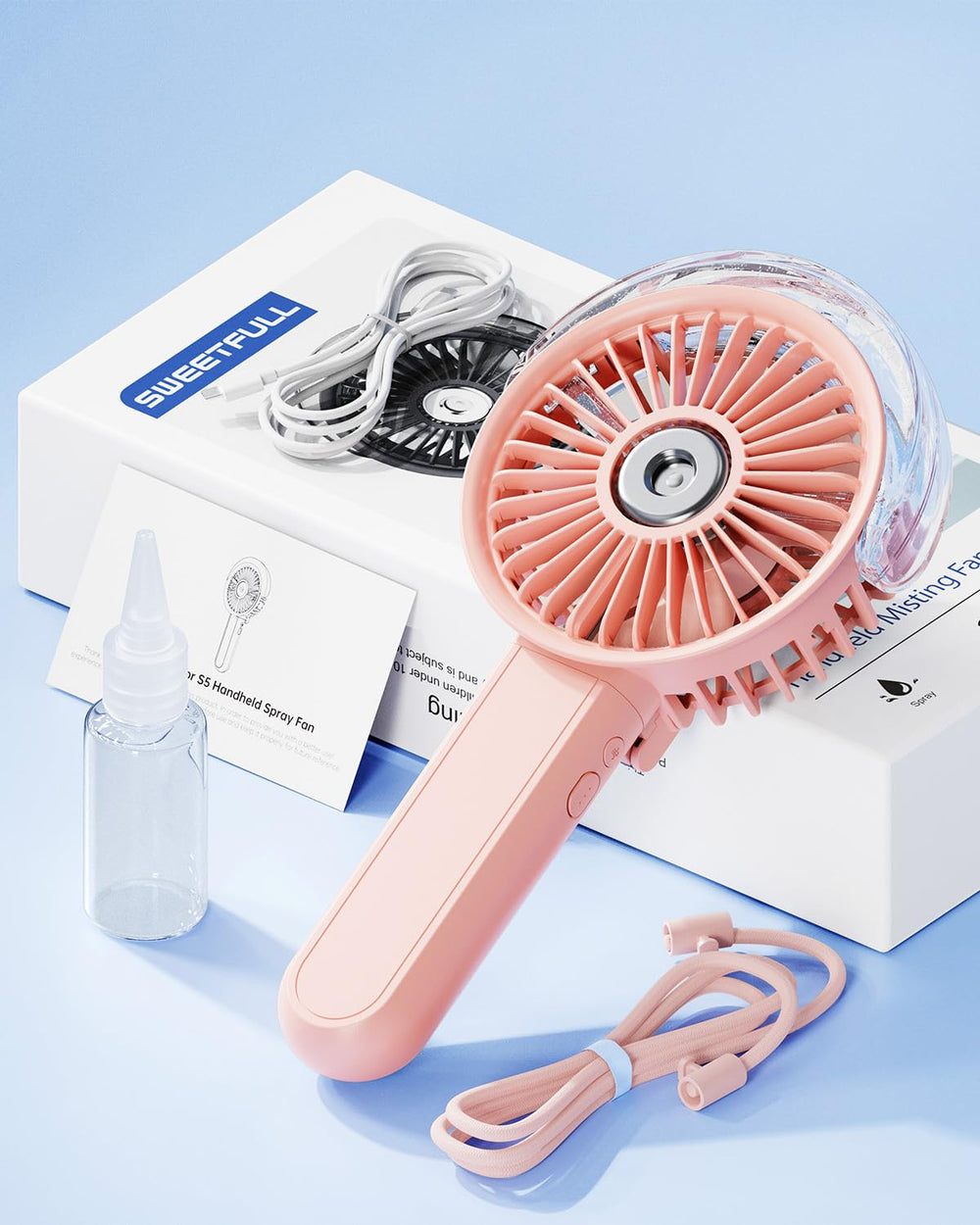 SWEETFULL packaging with included USB cable and lanyard showing ready-to-use convenience