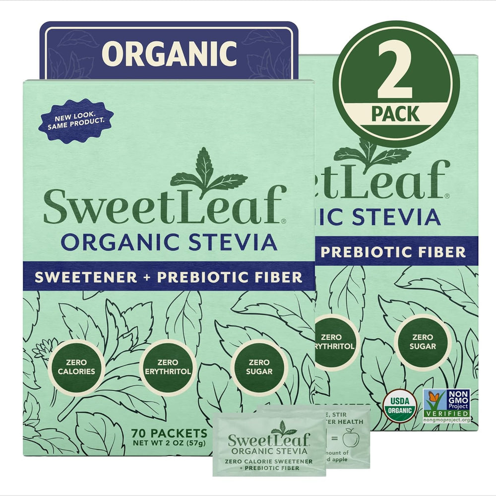 SweetLeaf front packaging showing 70 packets and organic label, convenient portioning