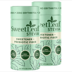 SweetLeaf front packaging showing 4 oz two-pack and clear label benefit