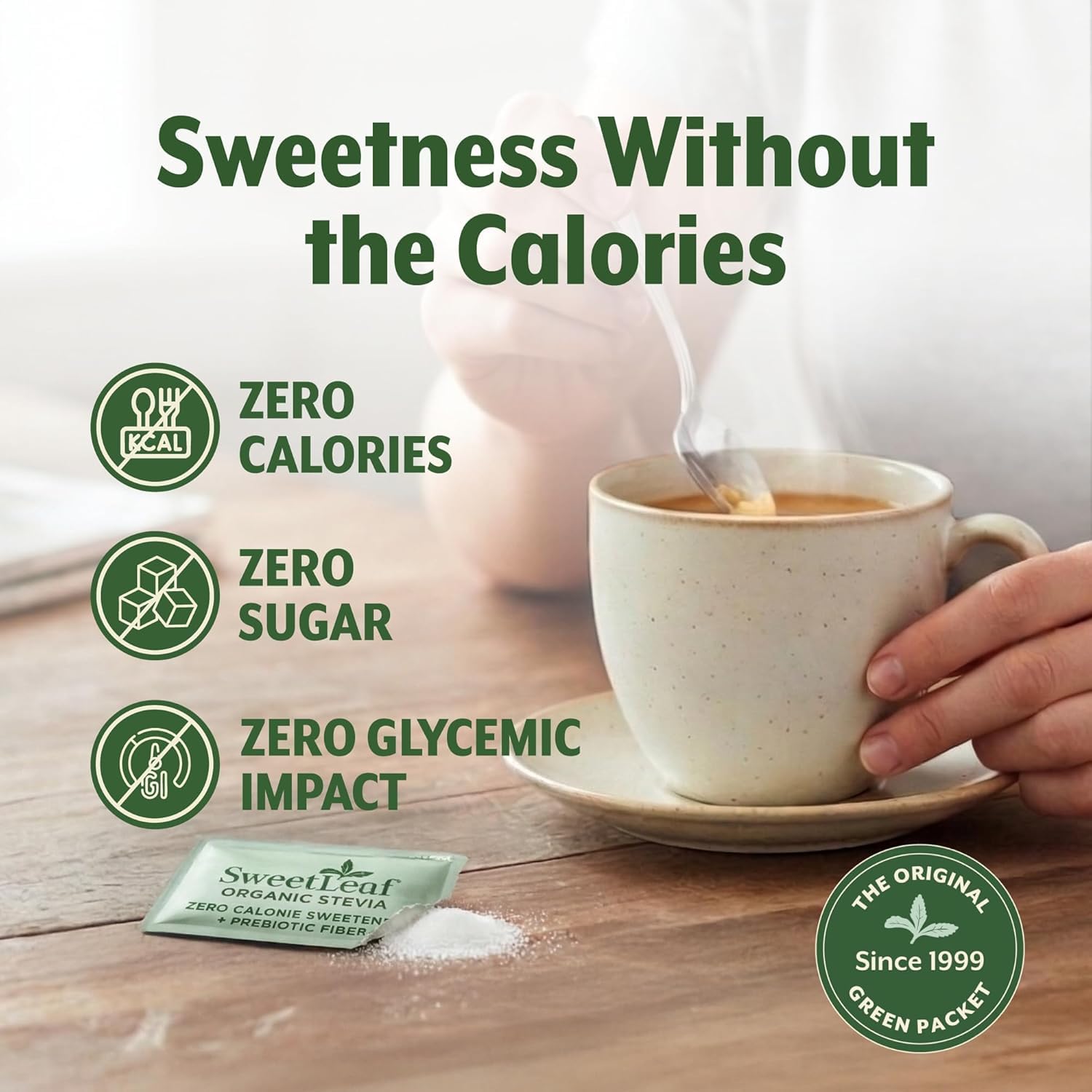 Opened SweetLeaf packet pouring powder for accurate single-serve dosing