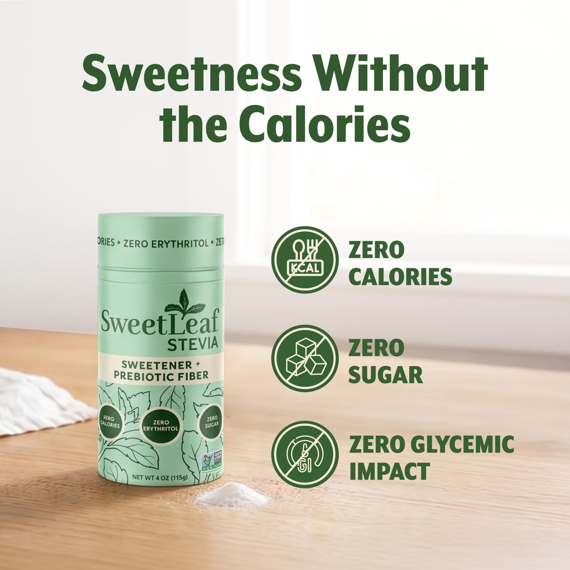 SweetLeaf scoop cap open showing measured scoop and convenience benefit