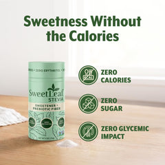 SweetLeaf scoop cap open showing measured scoop and convenience benefit