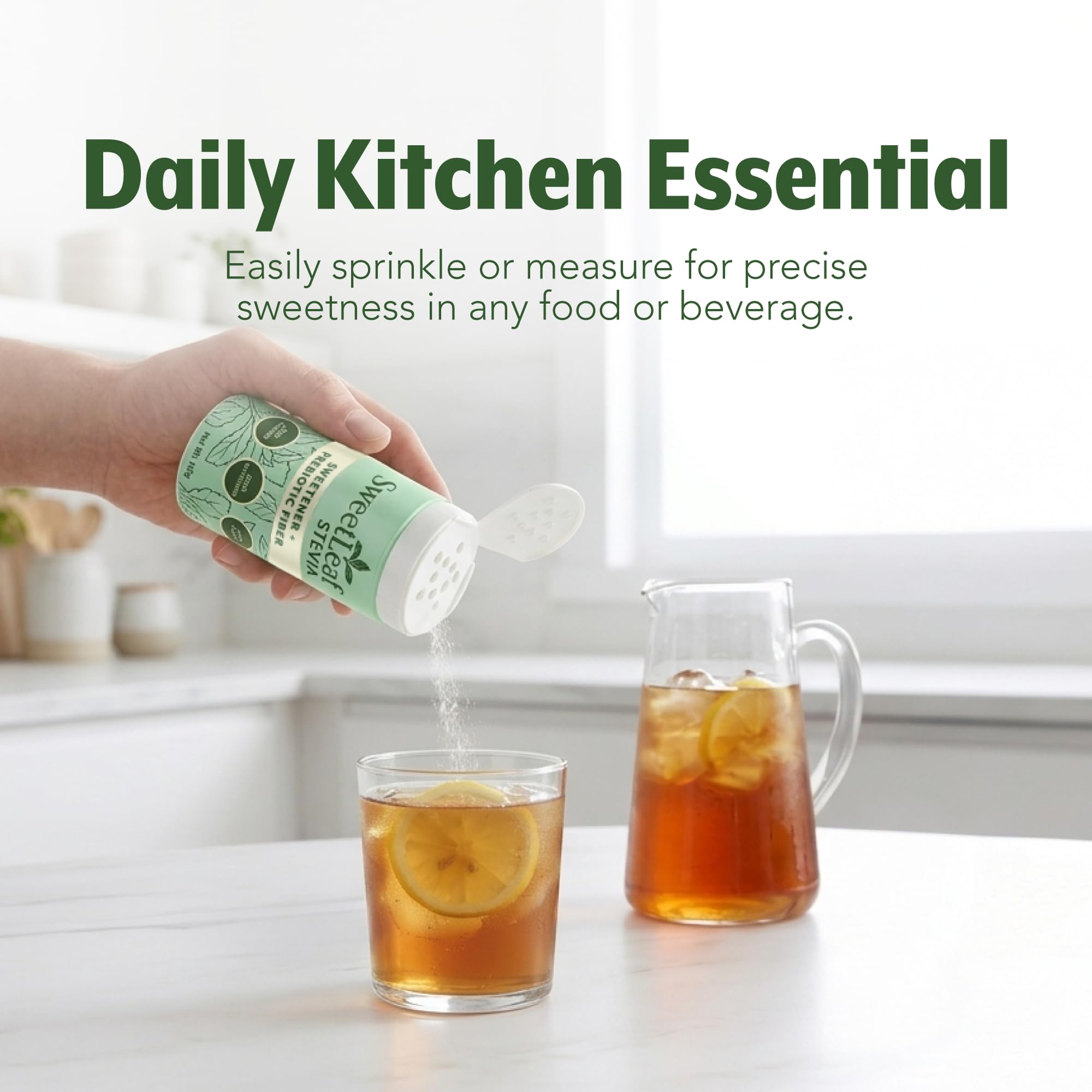 SweetLeaf size scale with hand showing portable 4 oz jar convenience benefit