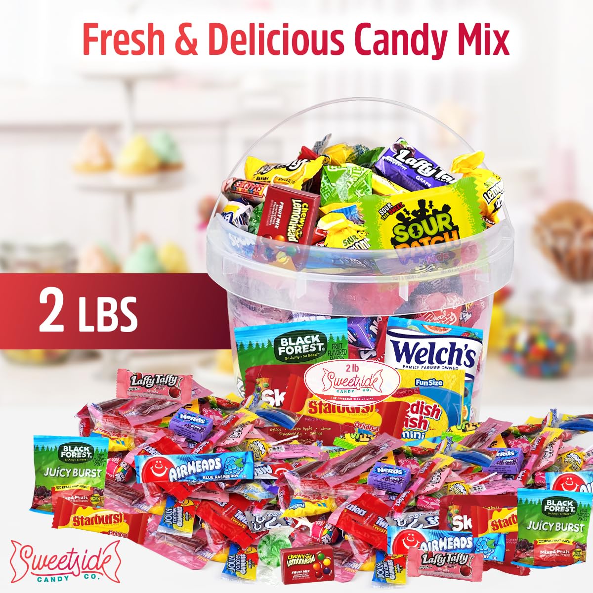 SWEETSIDE open bucket overhead view showing assorted candies ready to share