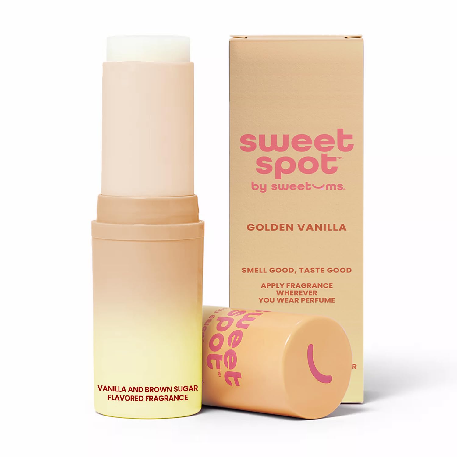 Sweetums front packaging showing brown sugar vanilla scent and compact benefit