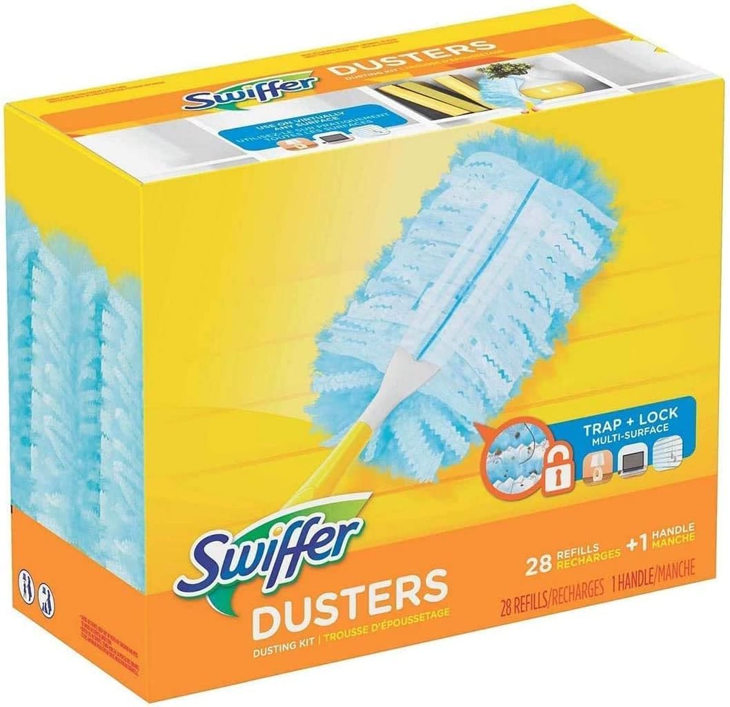 Swiffer duster showing handle and refill capturing dust for quick cleaning