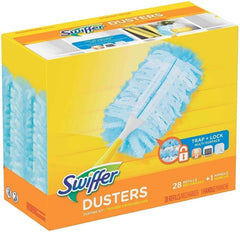 Swiffer duster showing handle and refill capturing dust for quick cleaning