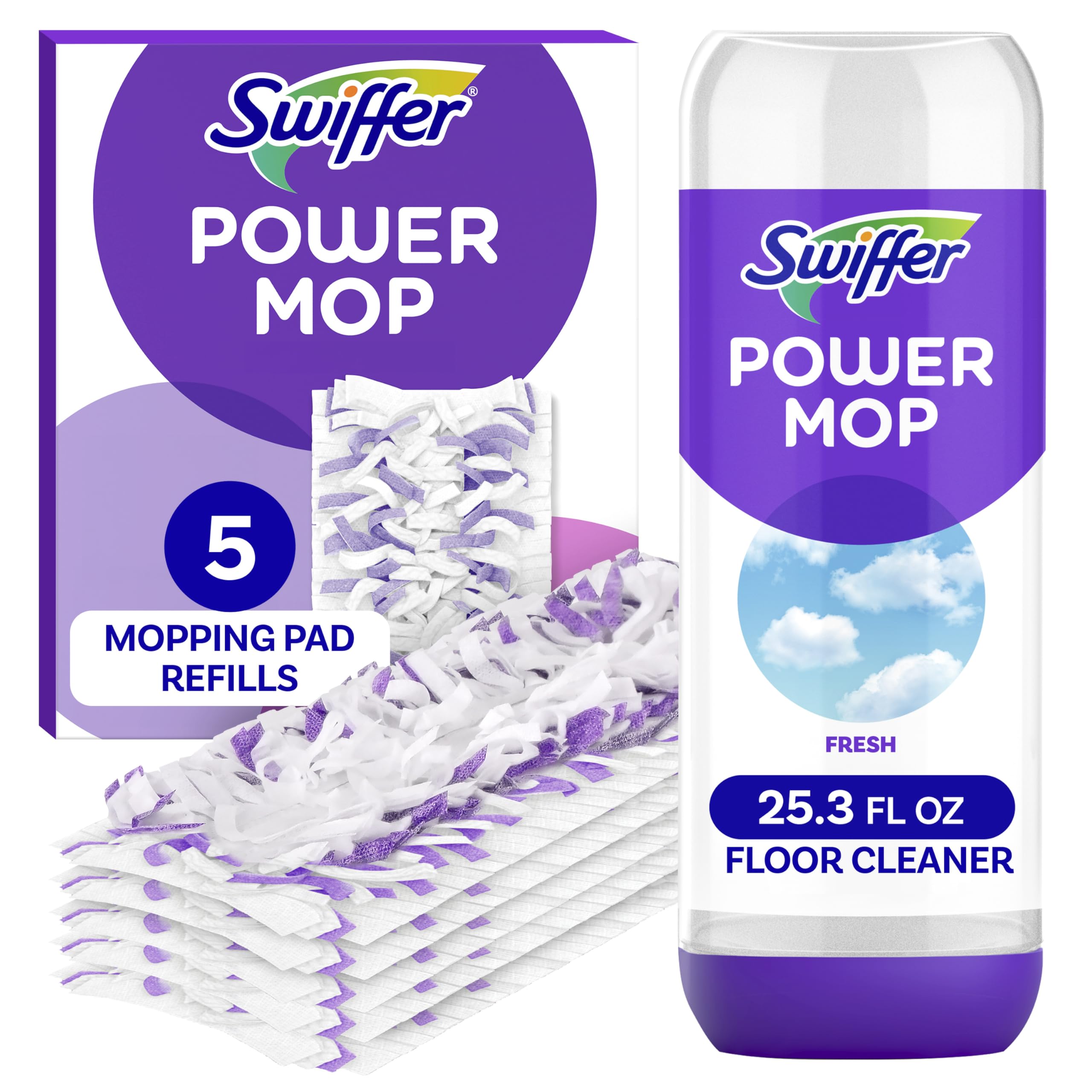 Swiffer front packaging showing refill pack and benefits