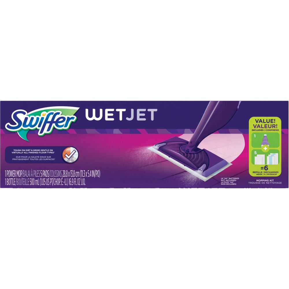 Swiffer WetJet dual-nozzle close-up delivering even spray across pad for consistent cleaning