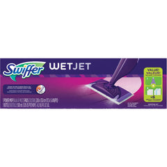Swiffer WetJet dual-nozzle close-up delivering even spray across pad for consistent cleaning