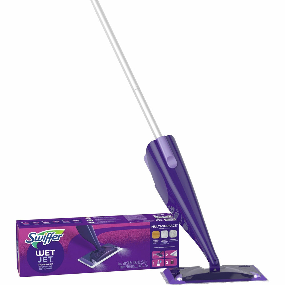 Swiffer WetJet front packaging showing kit components and quick-start benefit