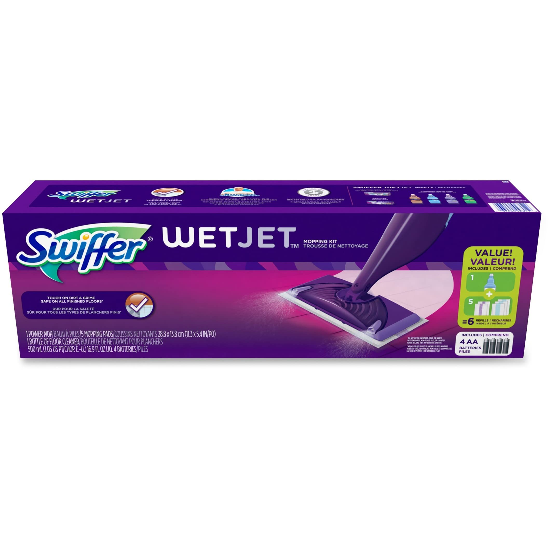 Swiffer WetJet in use on kitchen floor demonstrating fast, no-bucket cleaning