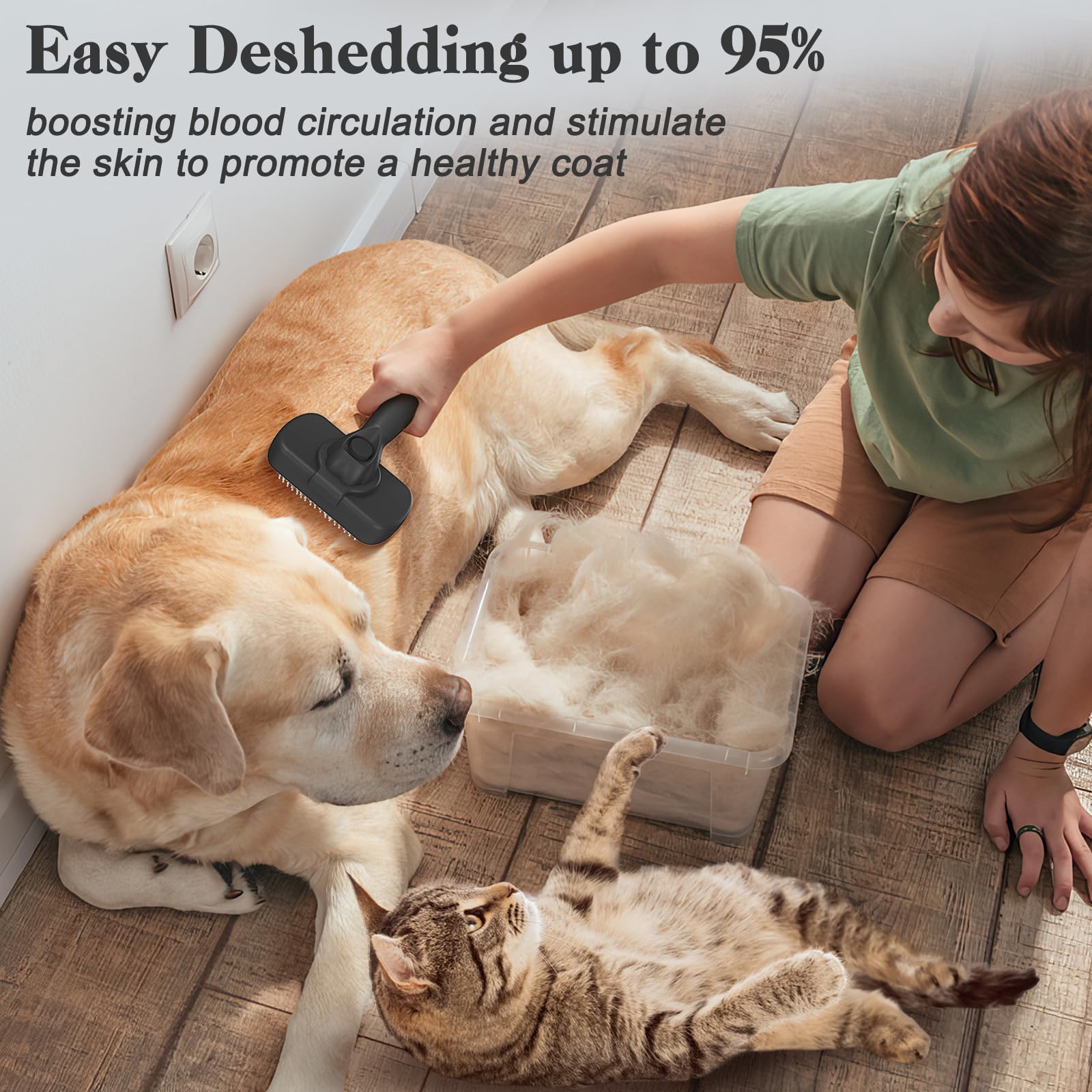 Swihauk brush removing loose fur from a dog for reduced shedding at home