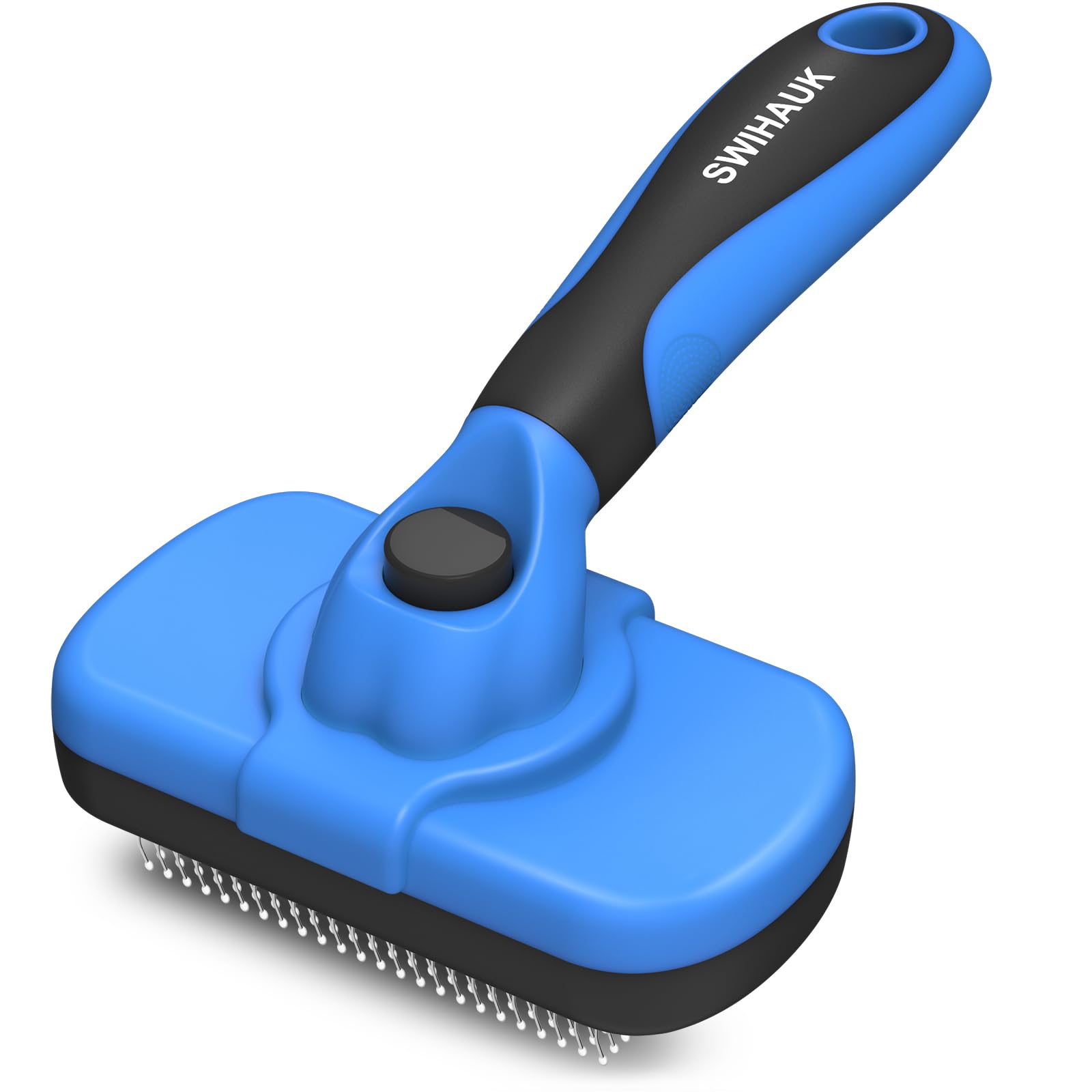 Swihauk front view of blue slicker brush shows compact design and benefits ergonomic grooming