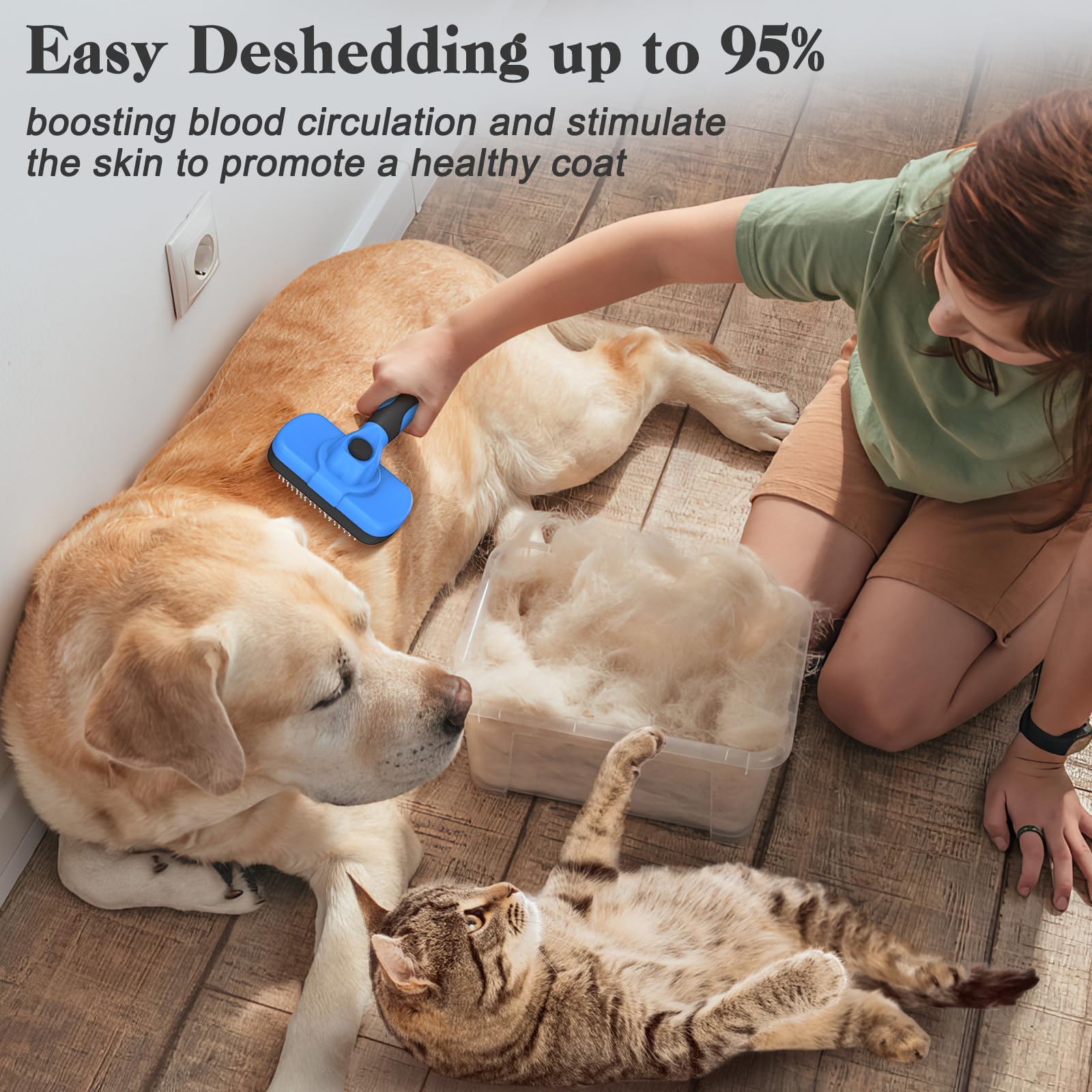 Swihauk brush in use on dog removing loose undercoat for cleaner home