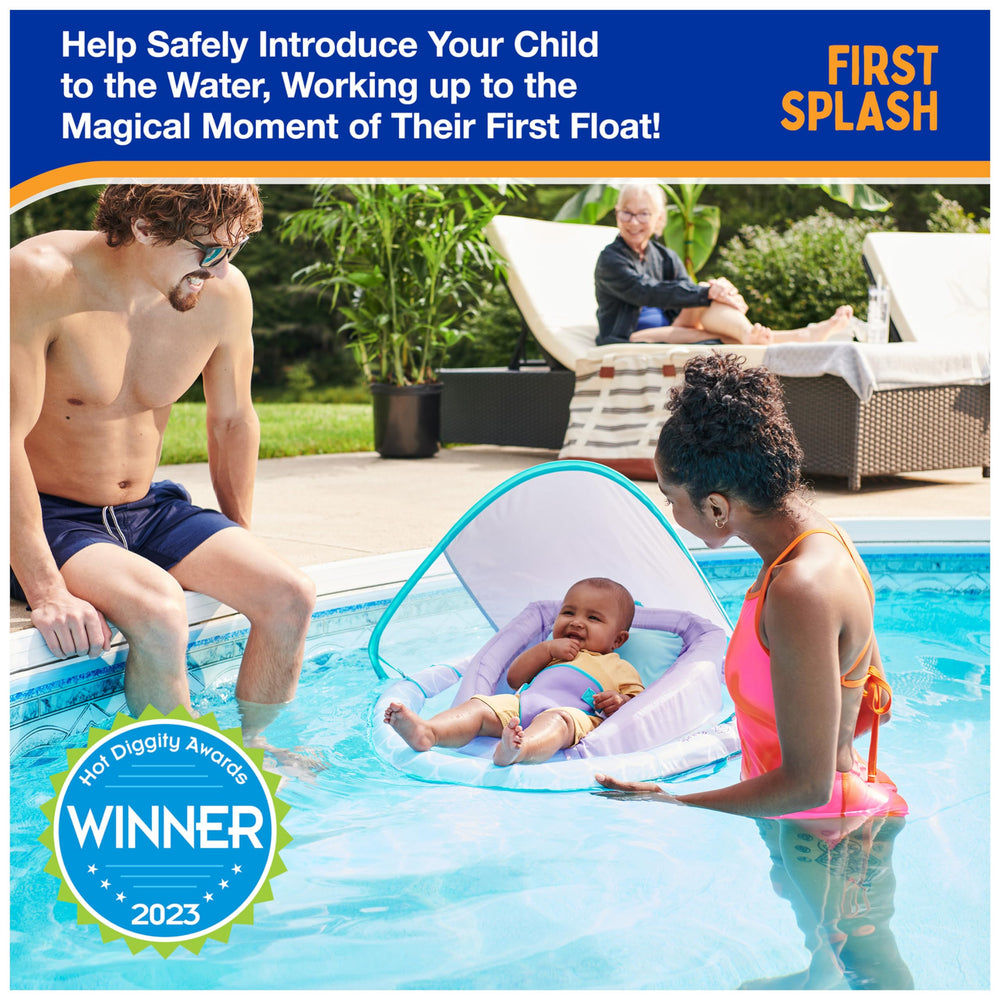 SwimWays float in-use with baby in pool, hands-free supervised water introduction