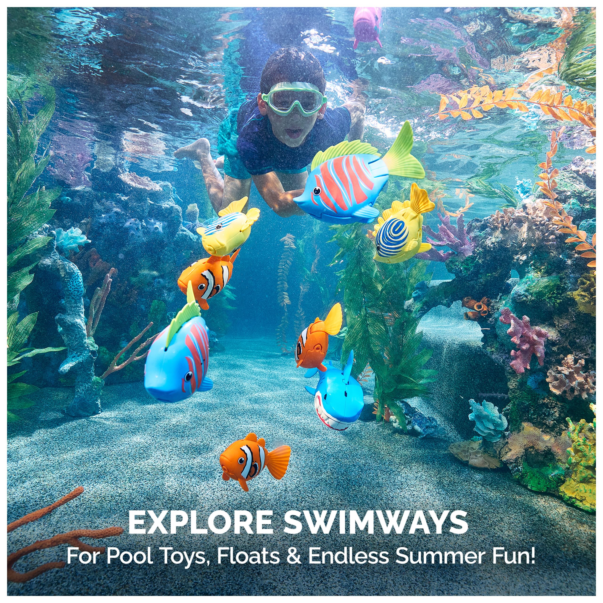 SwimWays lifestyle scene with child diving, motivates confident water exploration