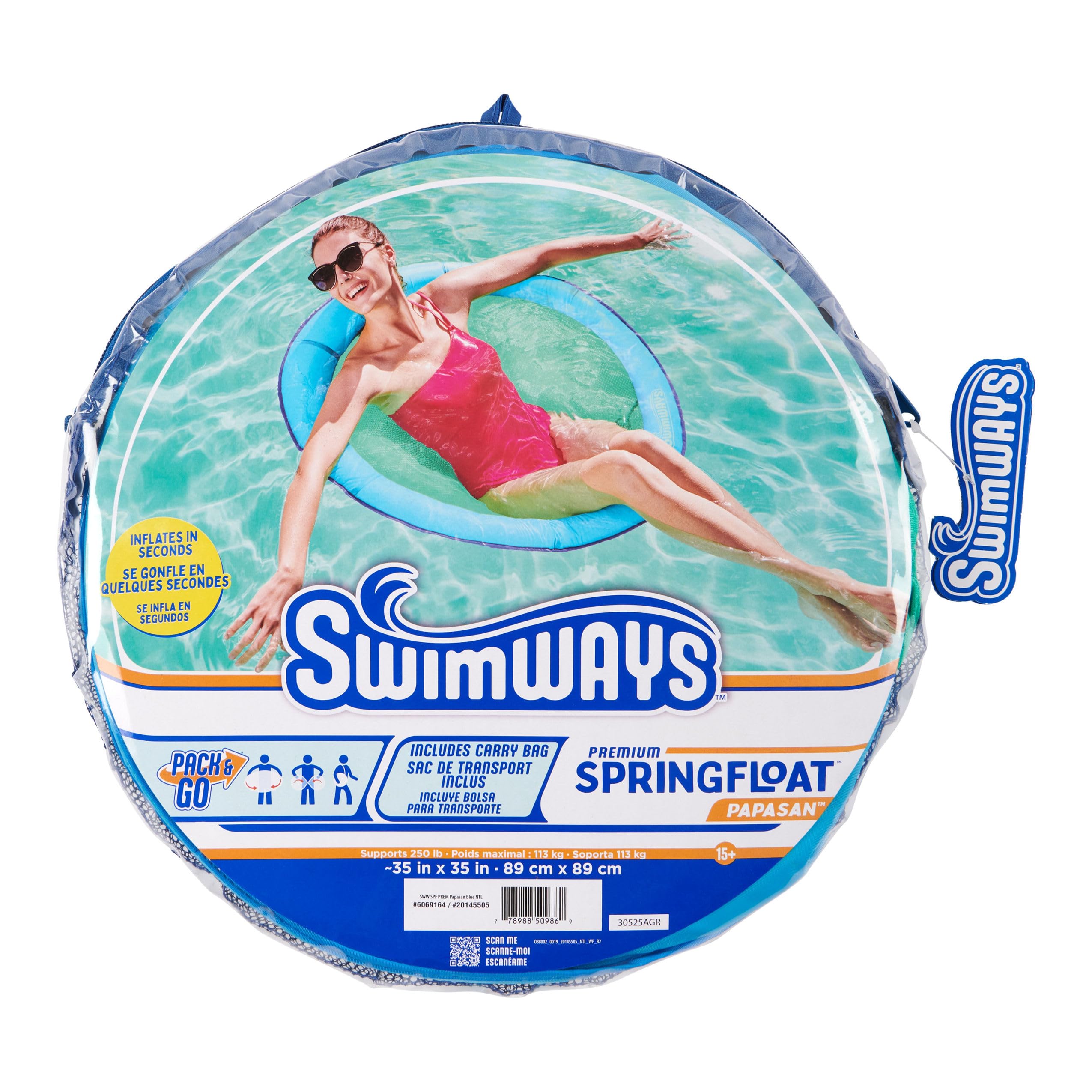 SwimWays label and fabric-covered ring showing durable material benefit