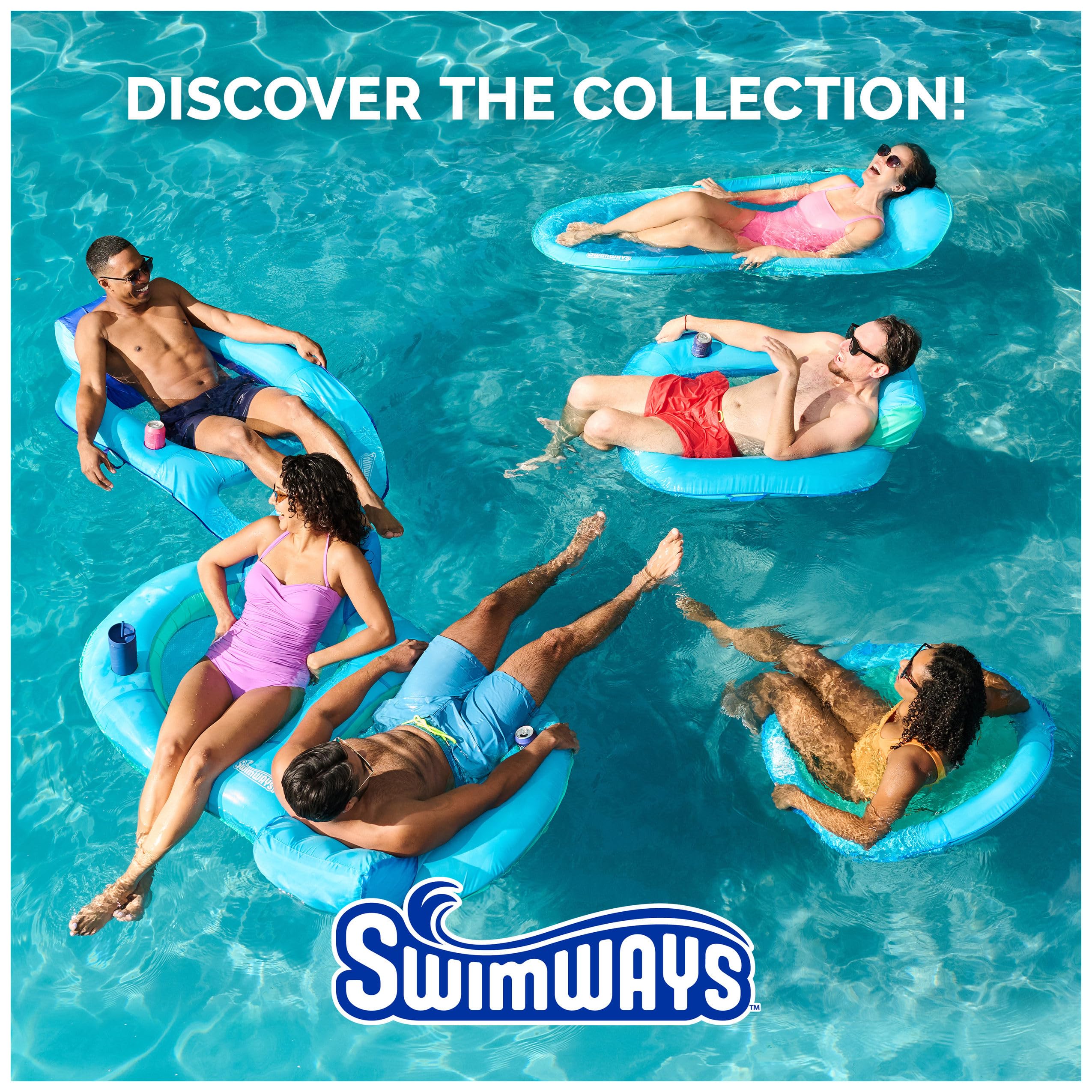 SwimWays float beside lounge chair for size comparison and fit clarity