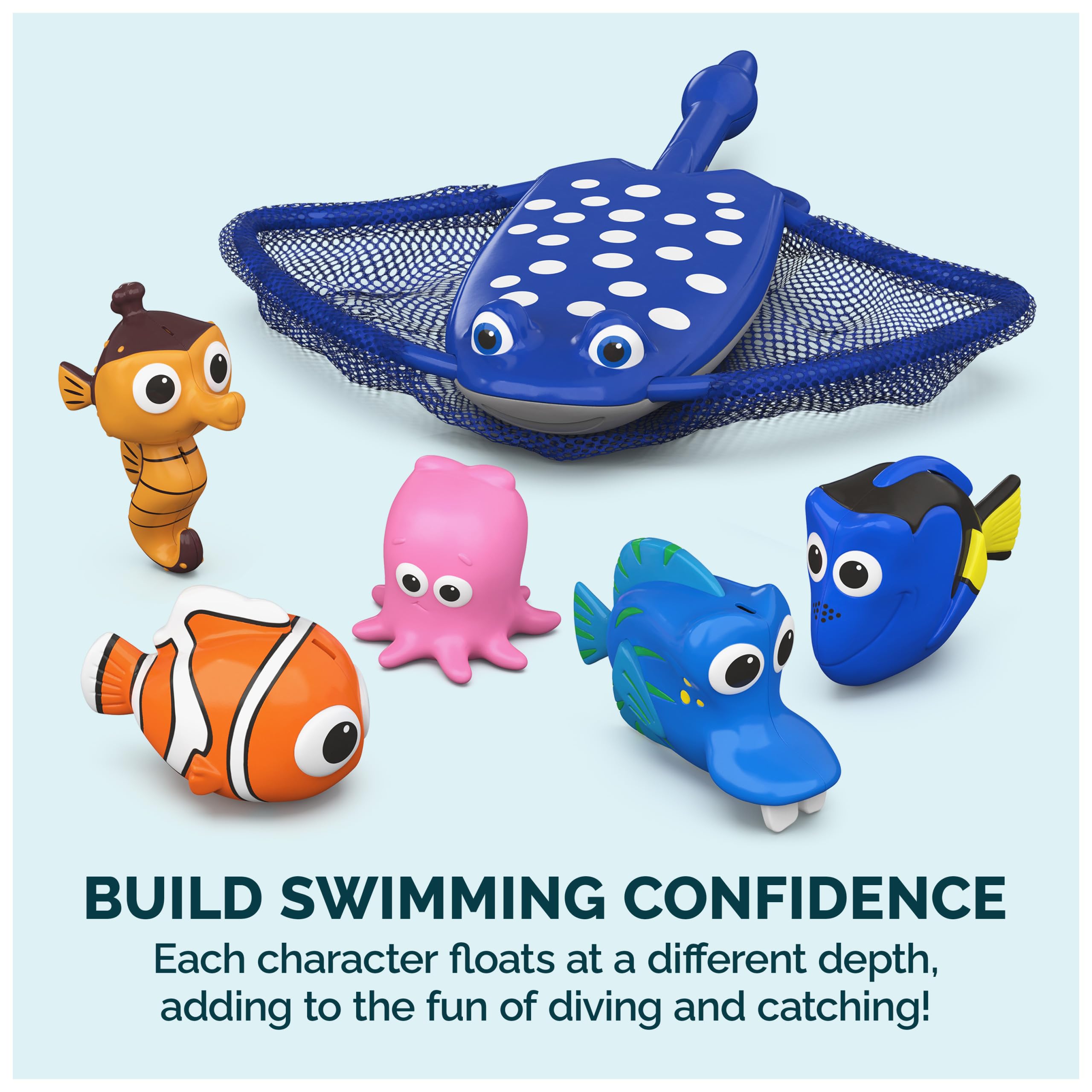 SwimWays toy beside child hand for scale, shows child-friendly size and grip