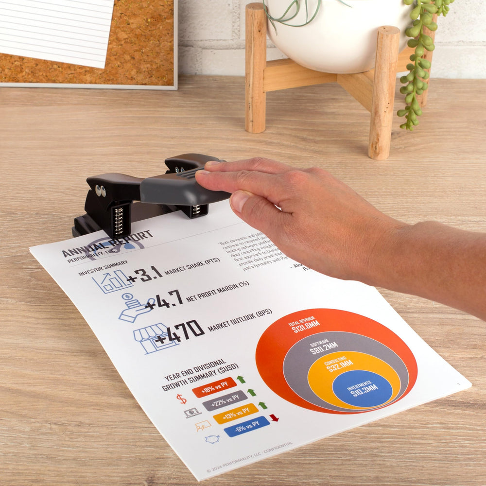 Swingline adjustable paper guide close-up ensures precise hole alignment