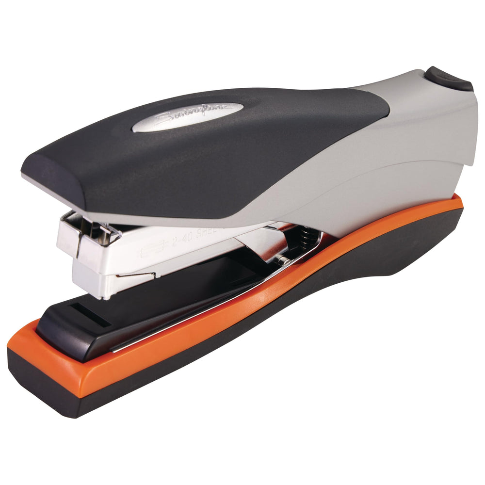 Swingline Optima 40 front view showing orange gray finish and sturdy base benefit: professional desk appeal