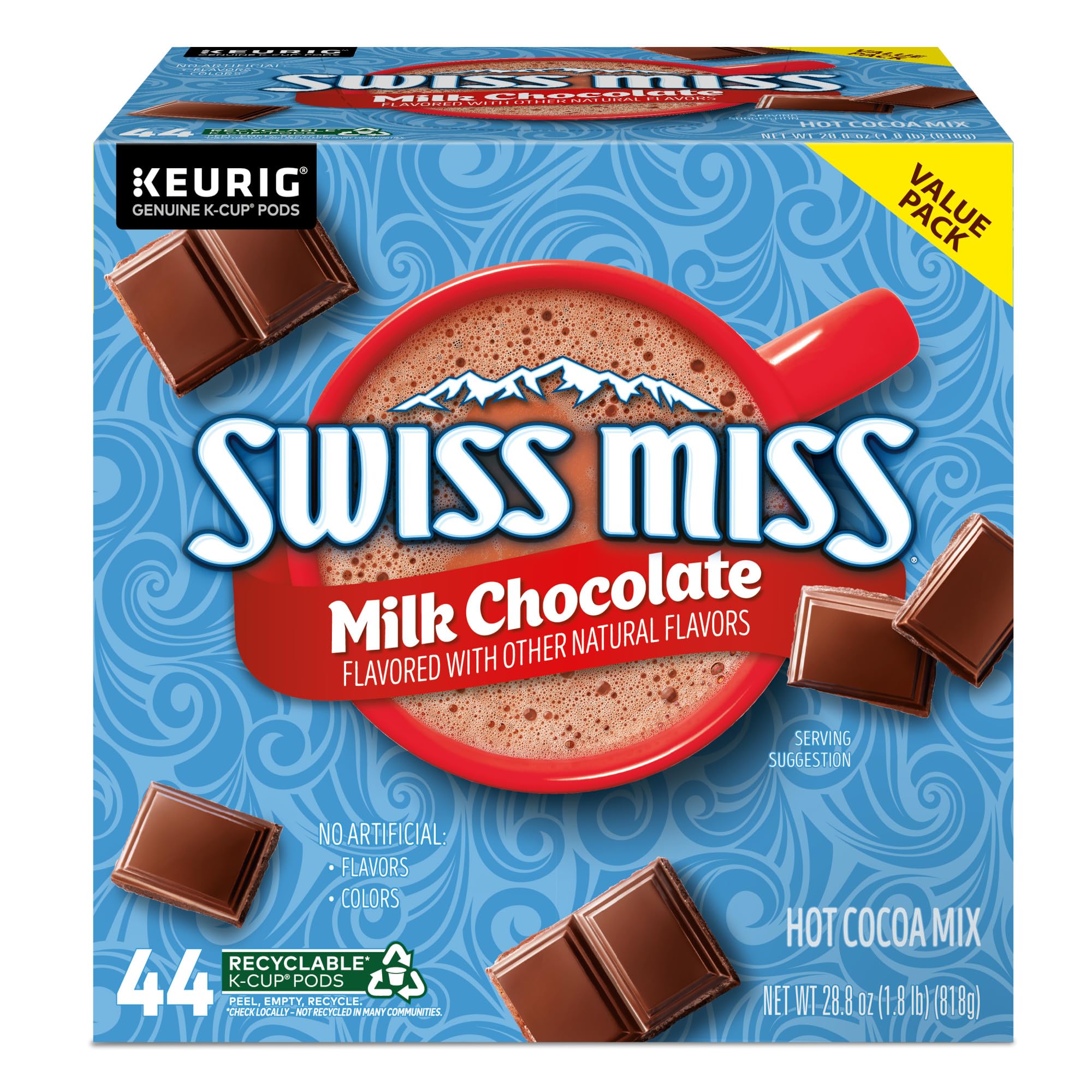 Stack of Swiss Miss pods representing the 44-count supply for families