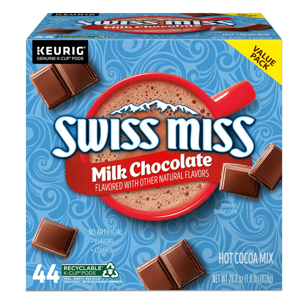 Stack of Swiss Miss pods representing the 44-count supply for families