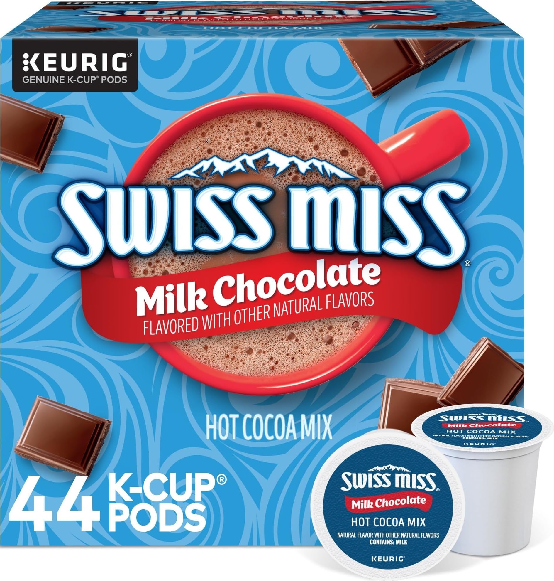 Swiss Miss box front showing cocoa K-Cup pods and quick brewing benefit