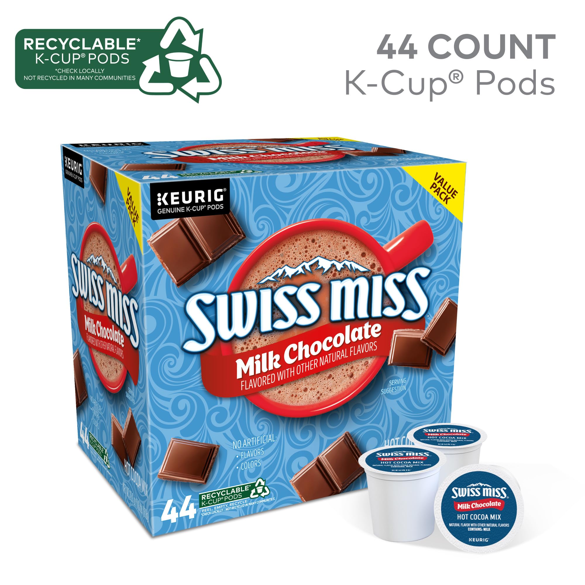 Side label of Swiss Miss pod showing compatibility and easy one-touch use