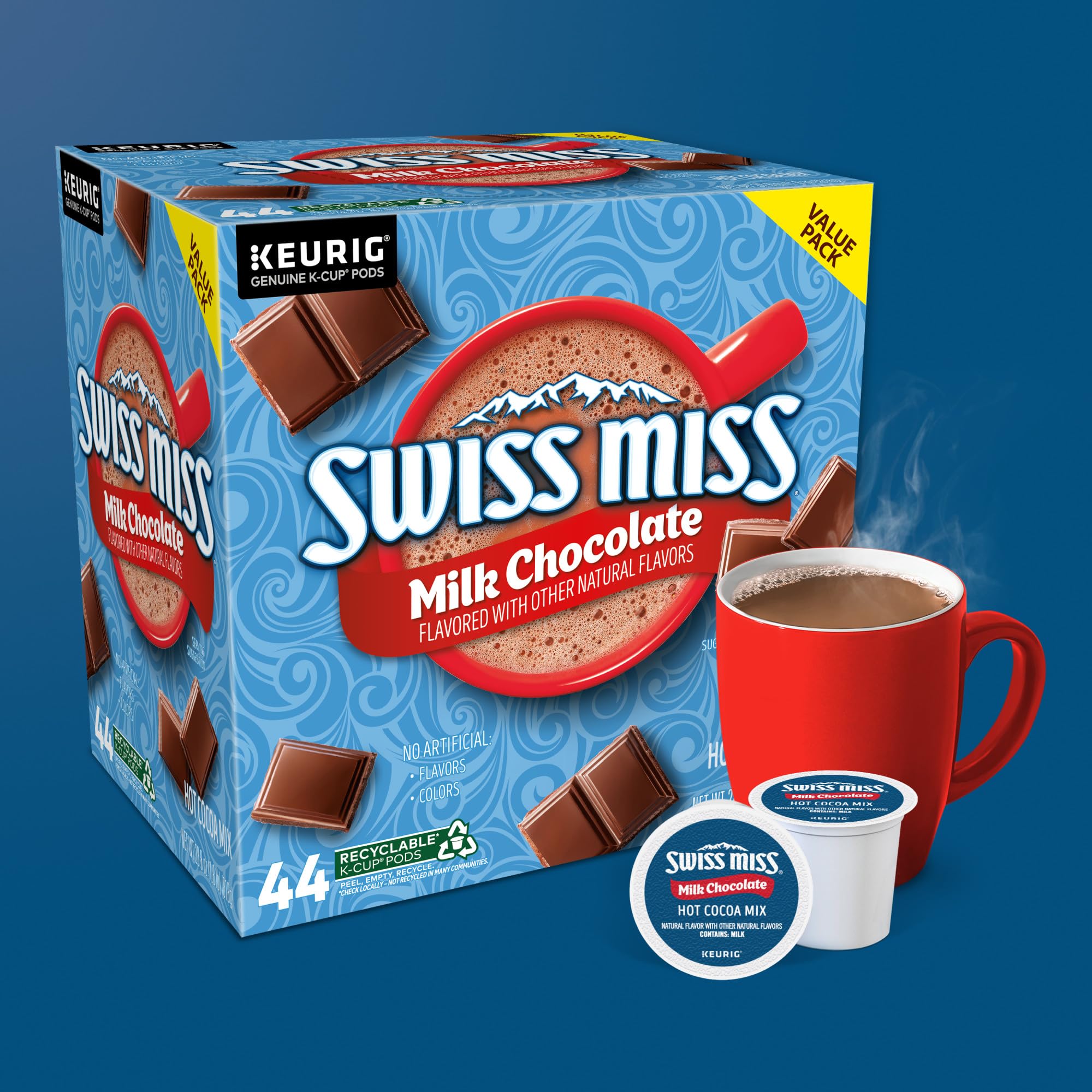 Swiss Miss pods beside Keurig machine highlighting fast single-serve brewing
