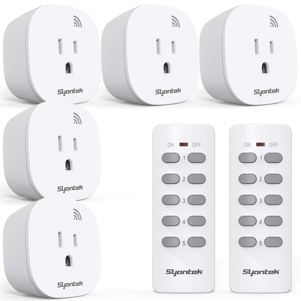 Syantek front view showing five white receivers and two remotes, easy control benefit