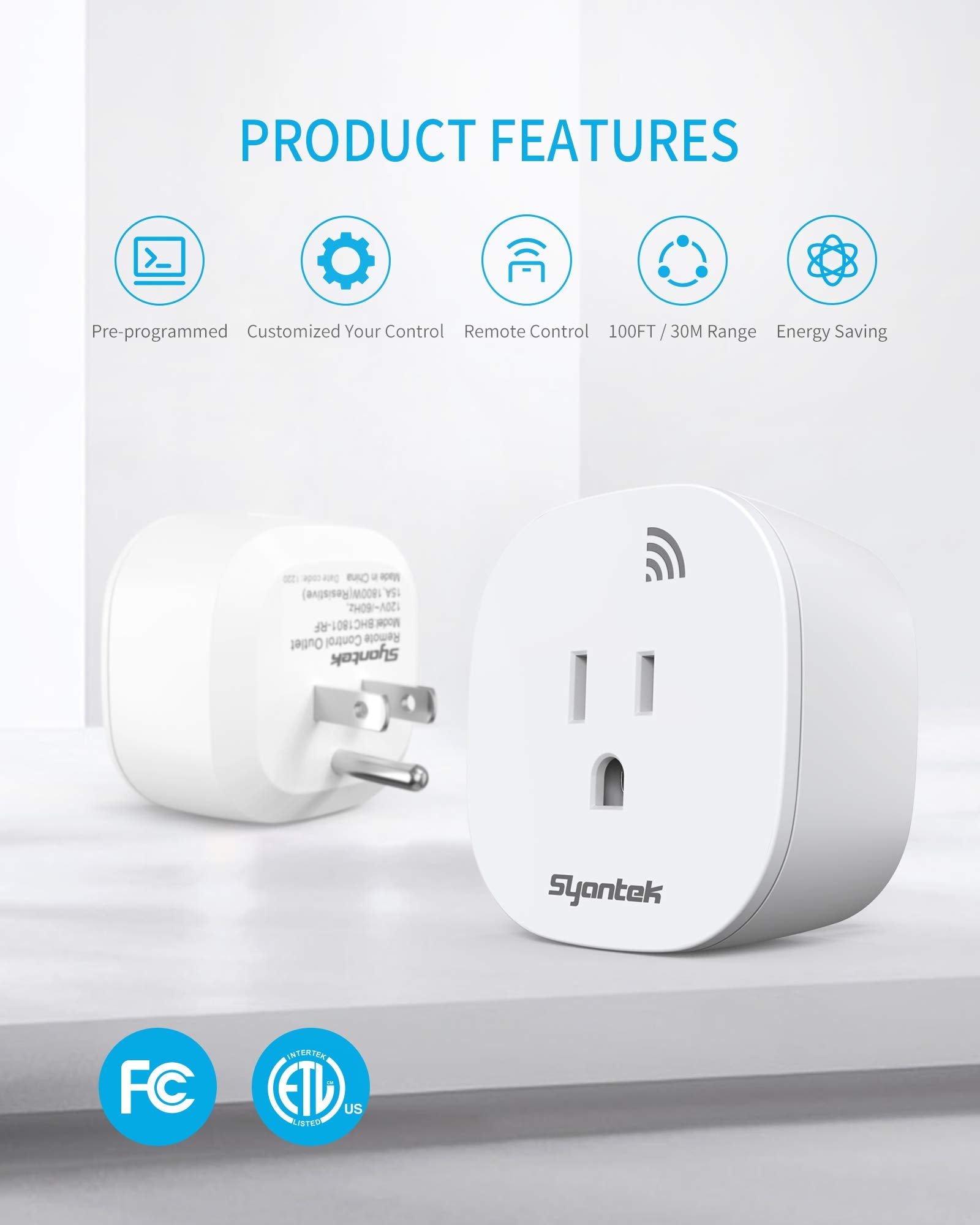 Syantek remote close-up with labeled buttons for easy one-hand use