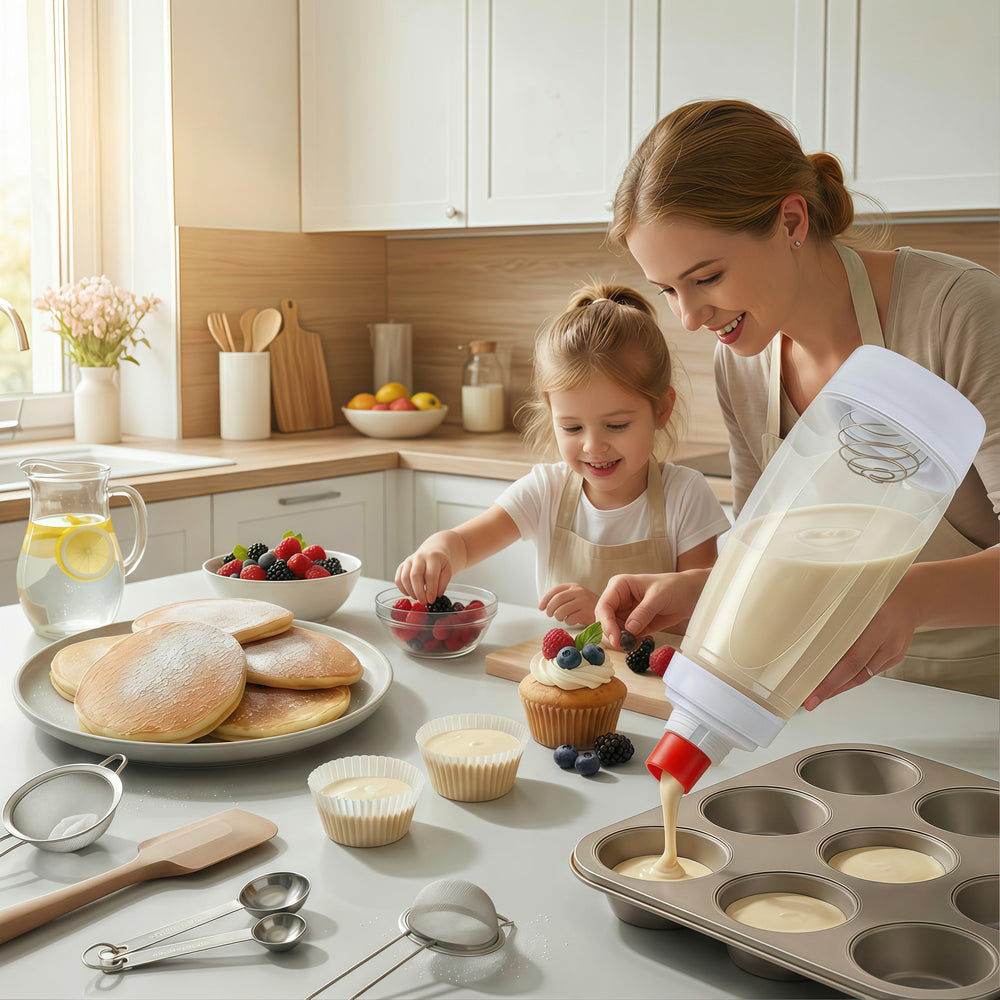 sykexonm bottle pouring pancake batter onto griddle for precise round pancakes