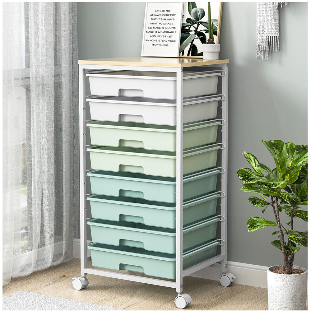 SYKIARIOL front view of green 8-drawer cart showing organized storage benefit