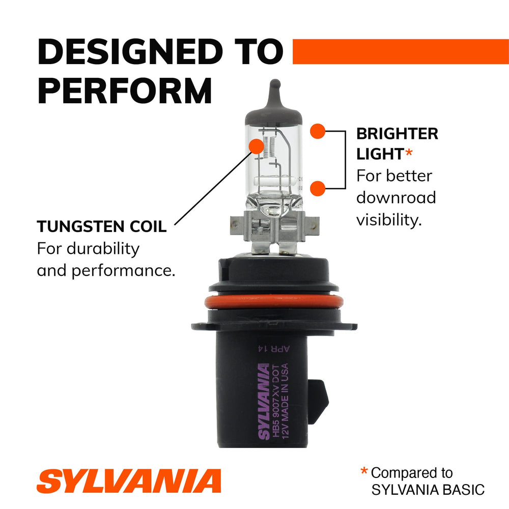 SYLVANIA 9007 beam pattern illuminating a dark road to show extended down-road visibility