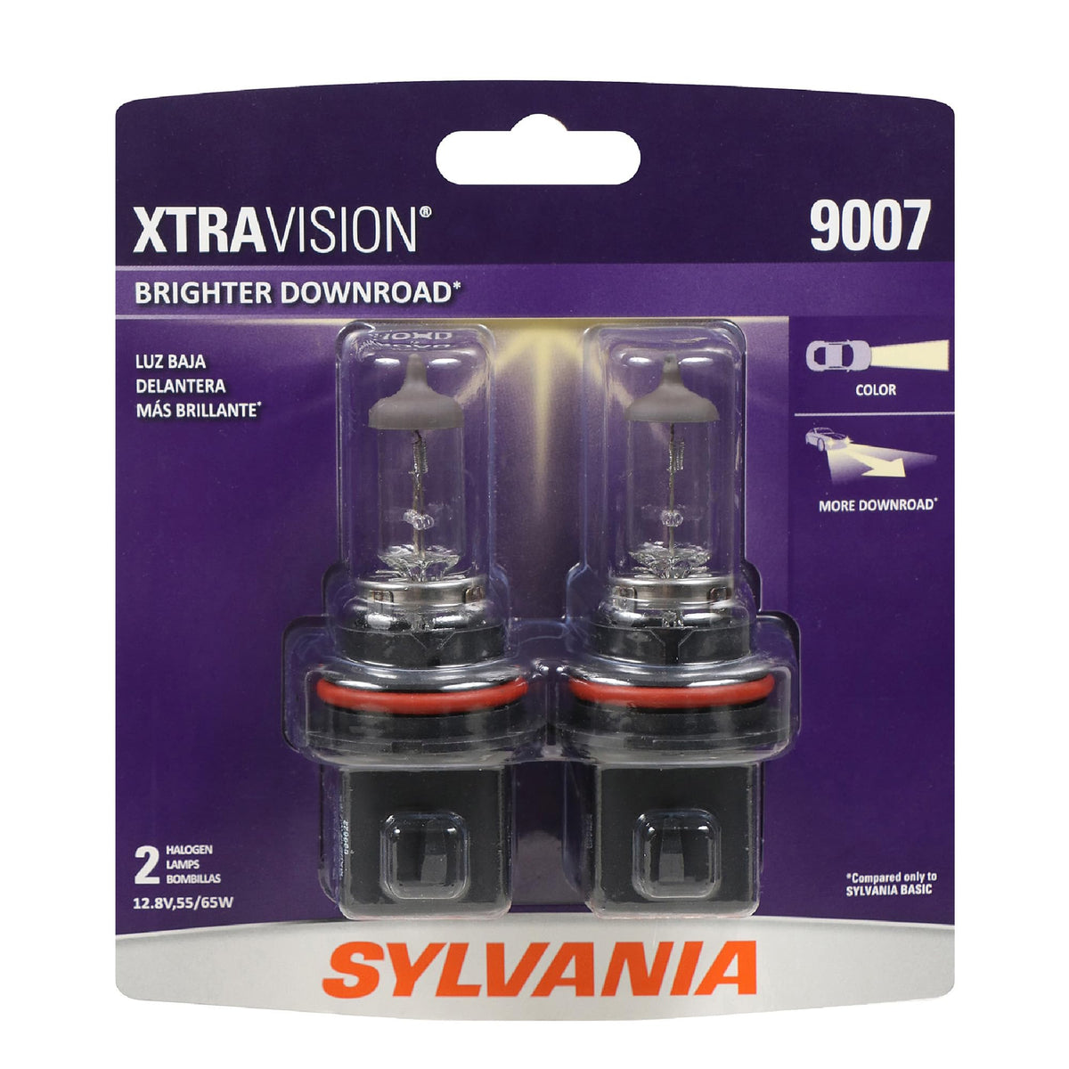 SYLVANIA 9007 XtraVision front packaging showing two replacement headlight bulbs and benefits