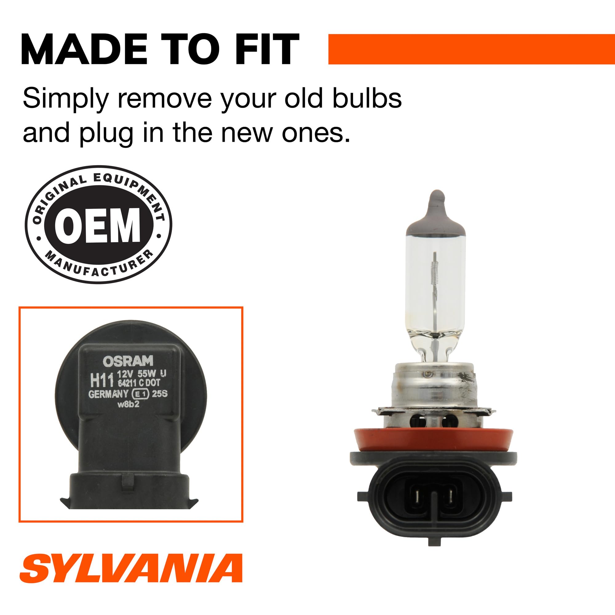 SYLVANIA H11 two-bulb set beside ruler to show scale for proper fitment clarity