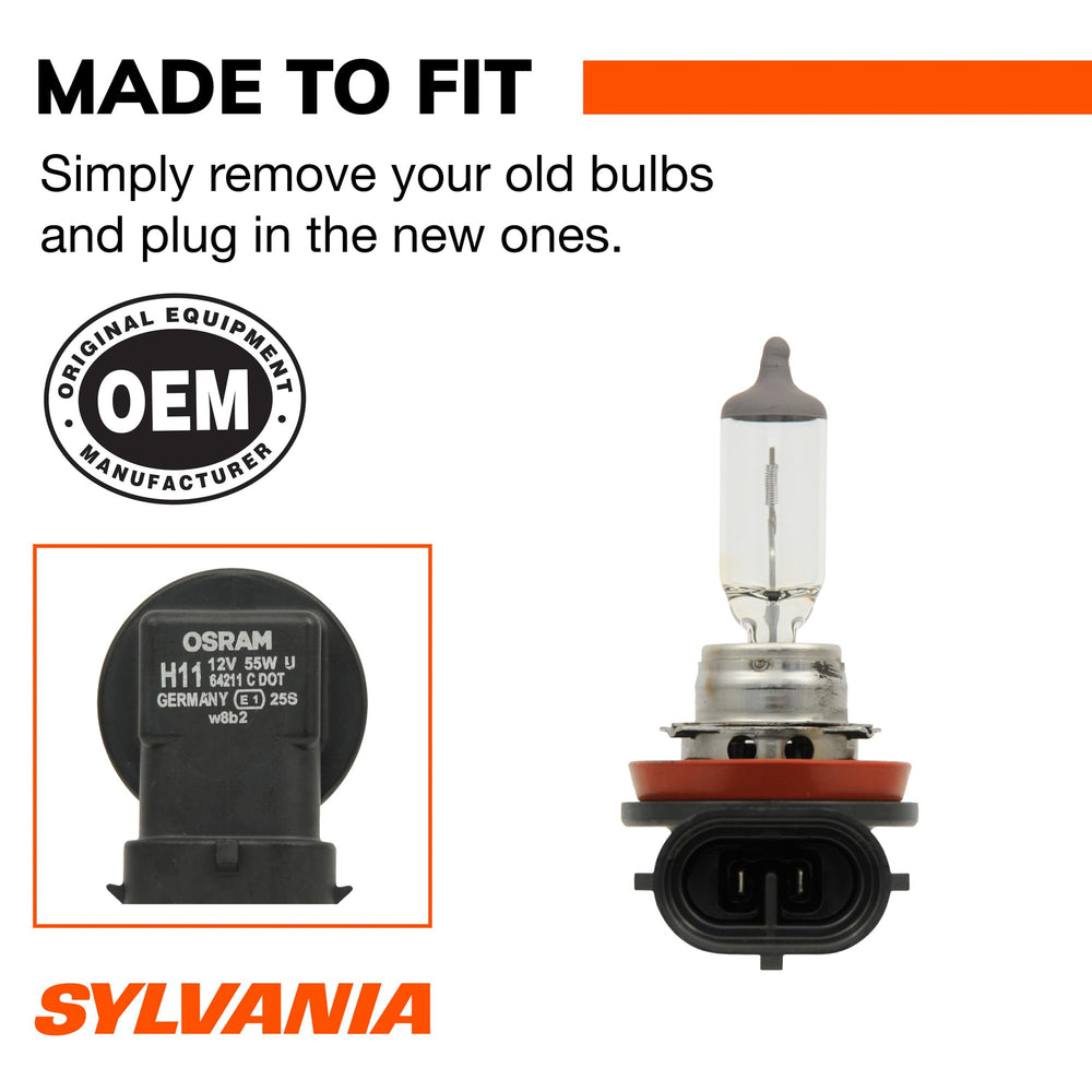 SYLVANIA H11 two-bulb set beside ruler to show scale for proper fitment clarity
