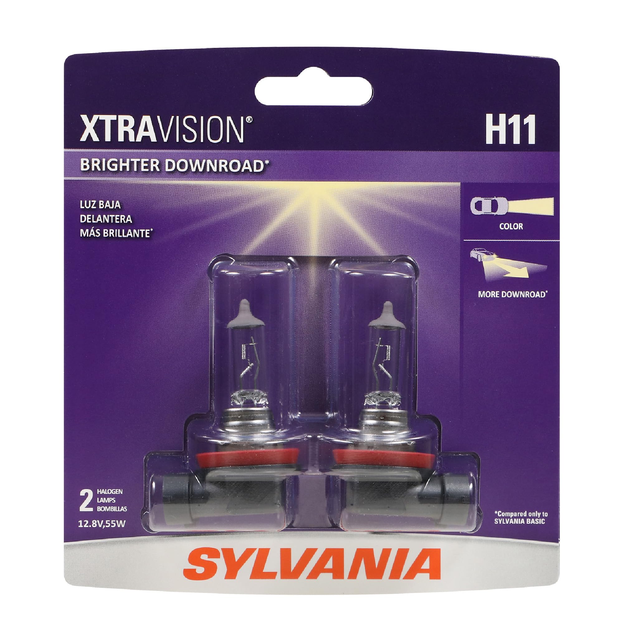 SYLVANIA H11 XtraVision front packaging showing two bulbs and branding, clear identification benefit