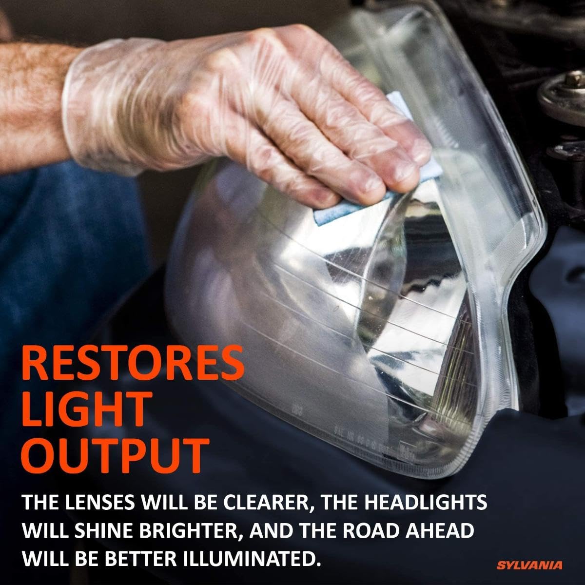 SYLVANIA side-by-side before and after restored headlight with clearer beam benefit