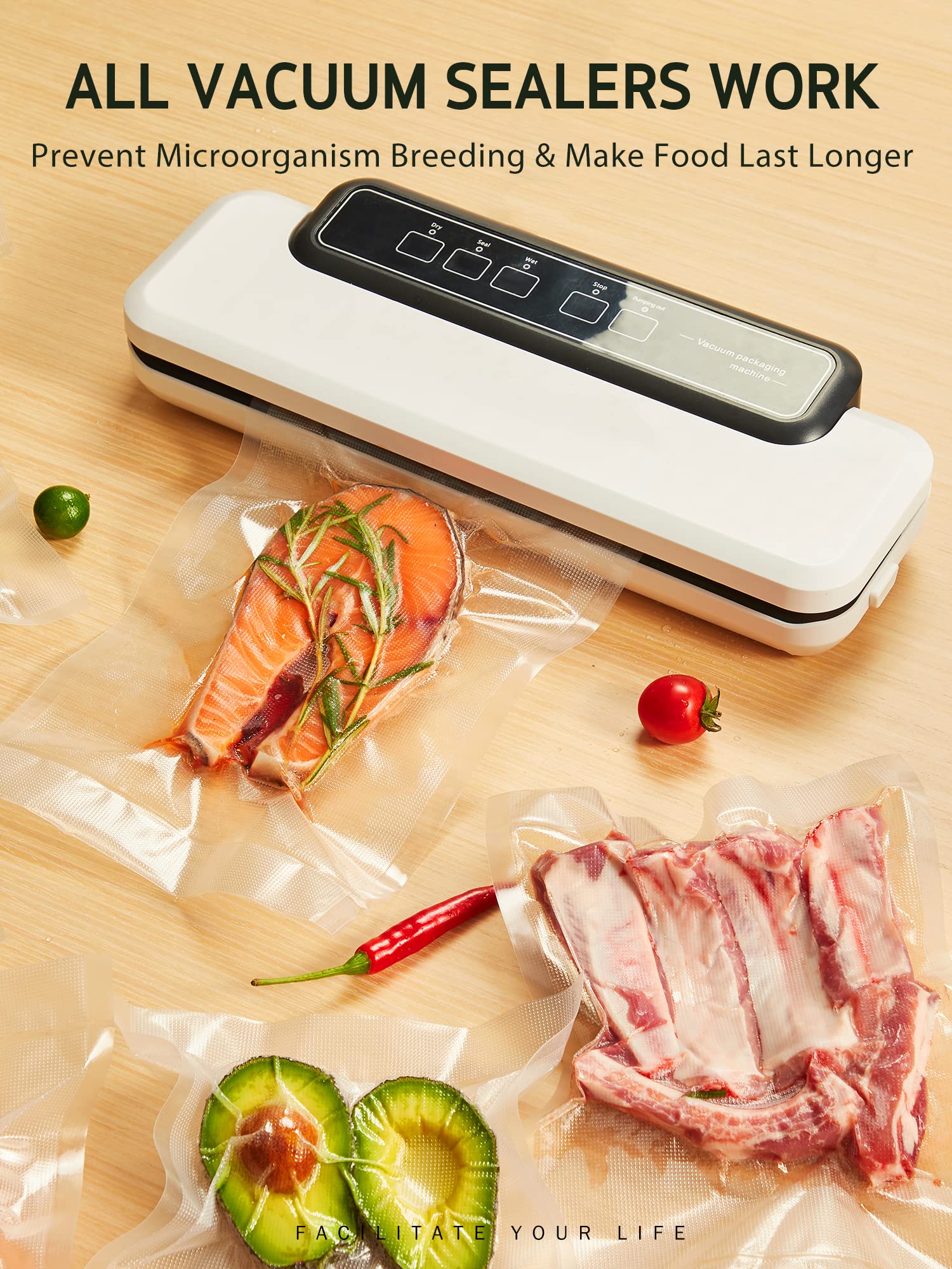 Syntus vacuum bags stacked in freezer demonstrating organized, long-lasting storage