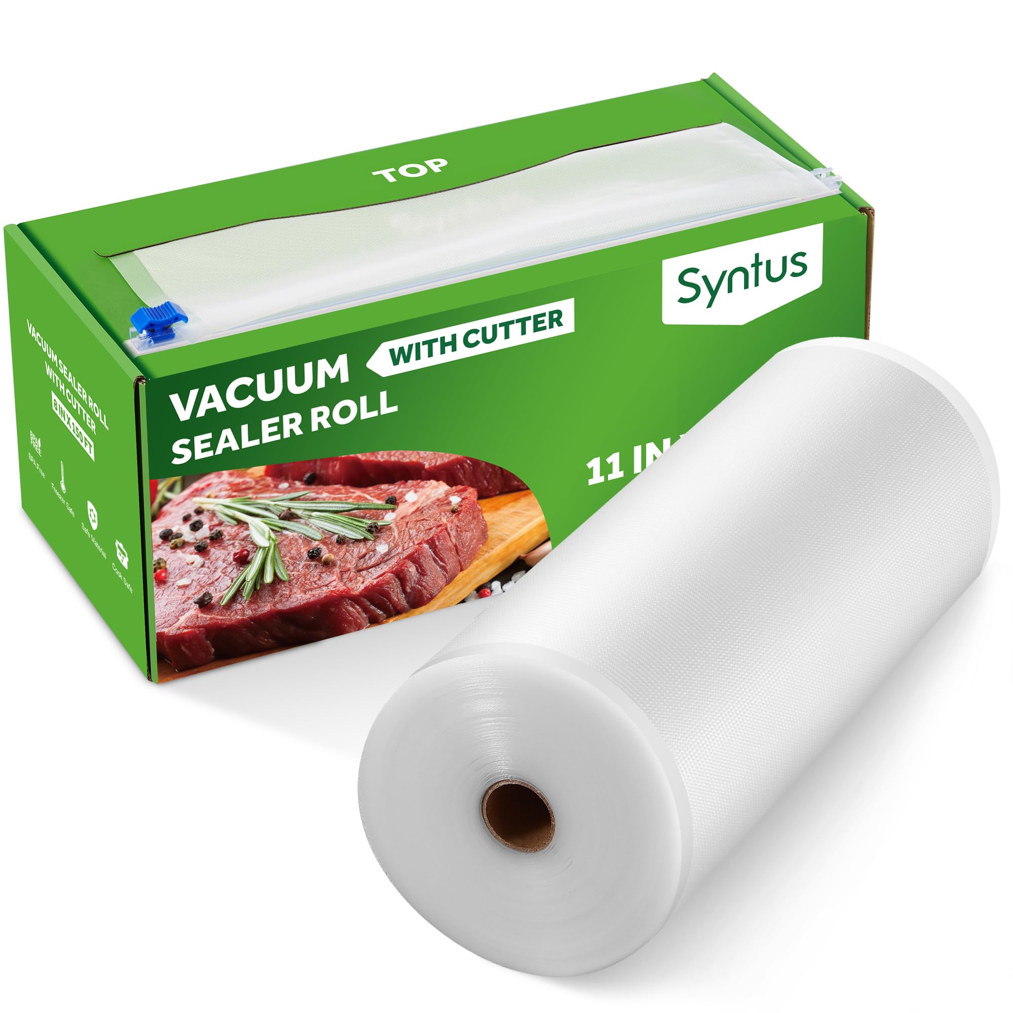 Syntus front box and roll showing packaging and cutter for quick, accurate cutting
